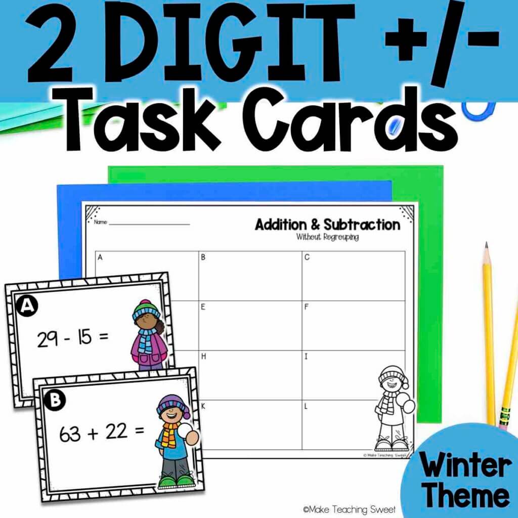 2 digit addition and subtraction task cards, winter theme